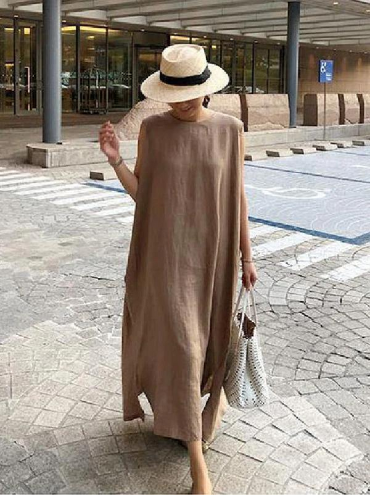 Solid Color Bohemian Hem Sleeveless Split Dress