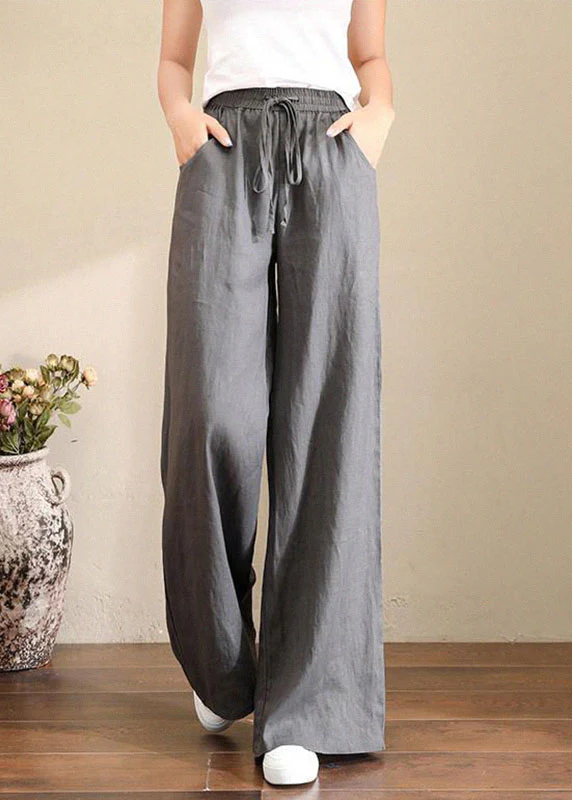Loose Elastic Waist Pocket Linen Wide Leg Pants