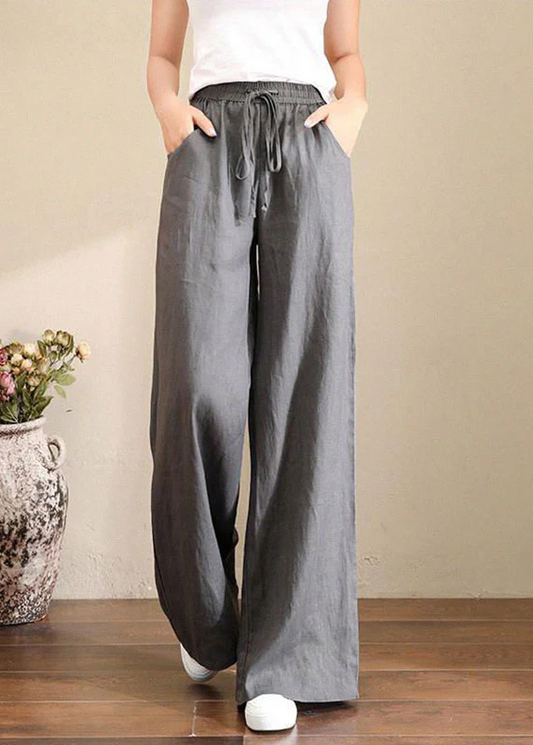 Loose Elastic Waist Pocket Linen Wide Leg Pants