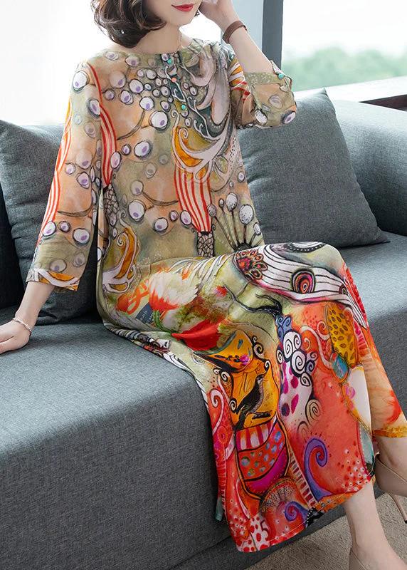 Women's Peacock Pattern Round Neck Printed Silk Vacation Dress Long Sleeve