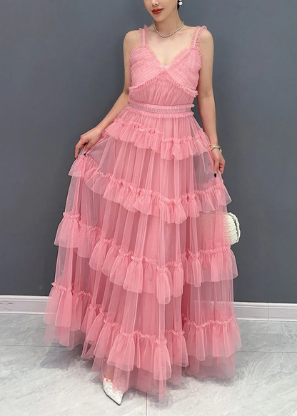 Italian Pink Ruffle Tulle Spaghetti Strap Long Dress