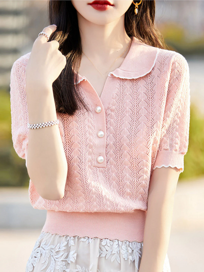 Elegant Lapel Skeleton Knit Short Sleeve Shirt Top