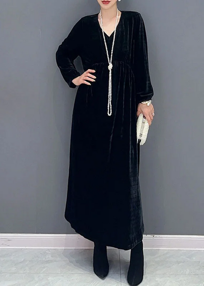 Women's Plus Size Silk Velvet Long Sleeve Long Dresses
