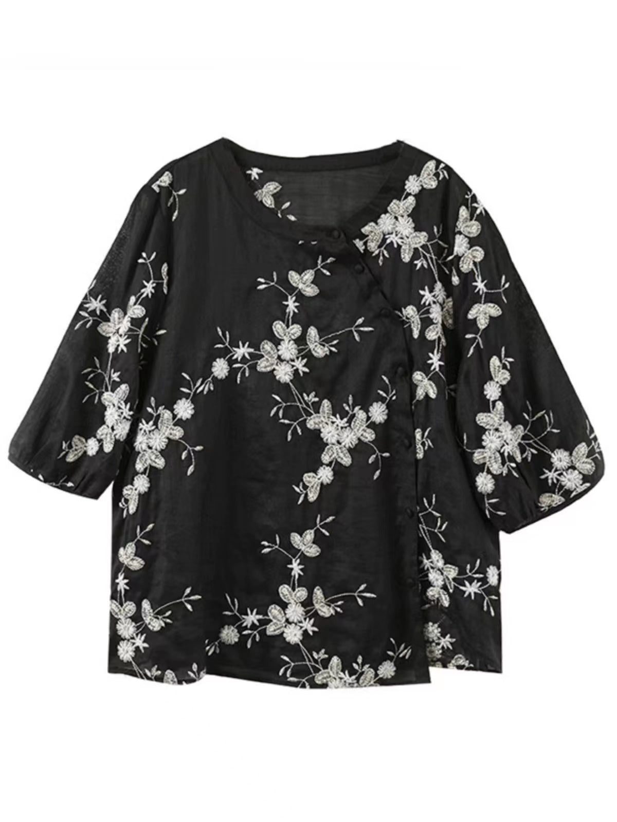 Asymmetric Button Embroidered Floral Linen Shirt
