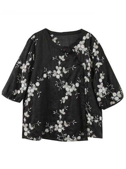 Asymmetric Button Embroidered Floral Linen Shirt