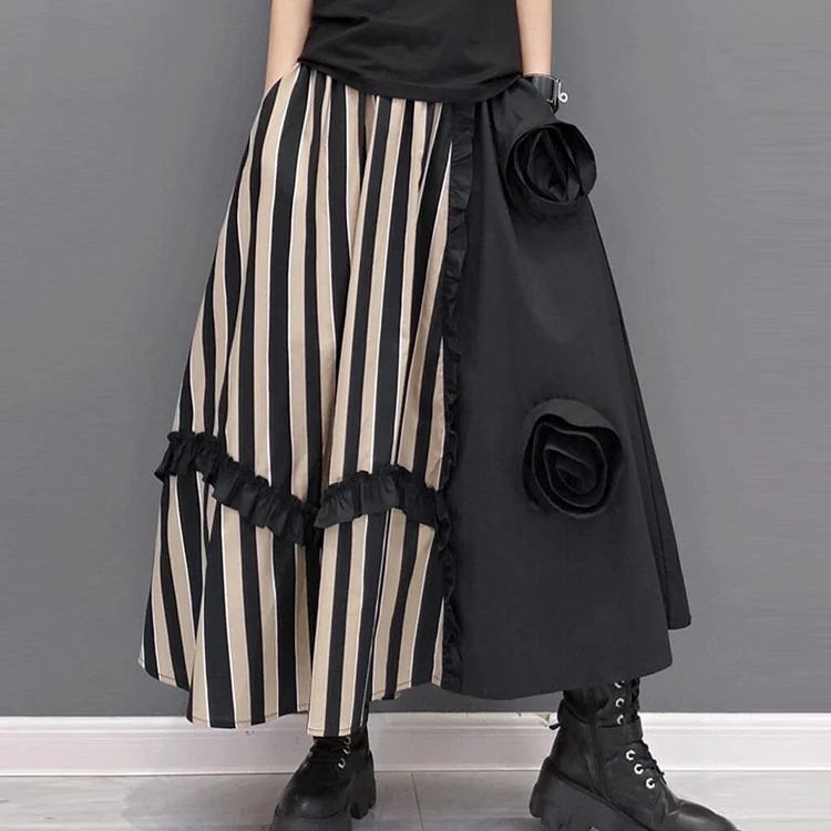 Women's Large Size Loose Casual Ethnic Style Striped Patchwork Skirt