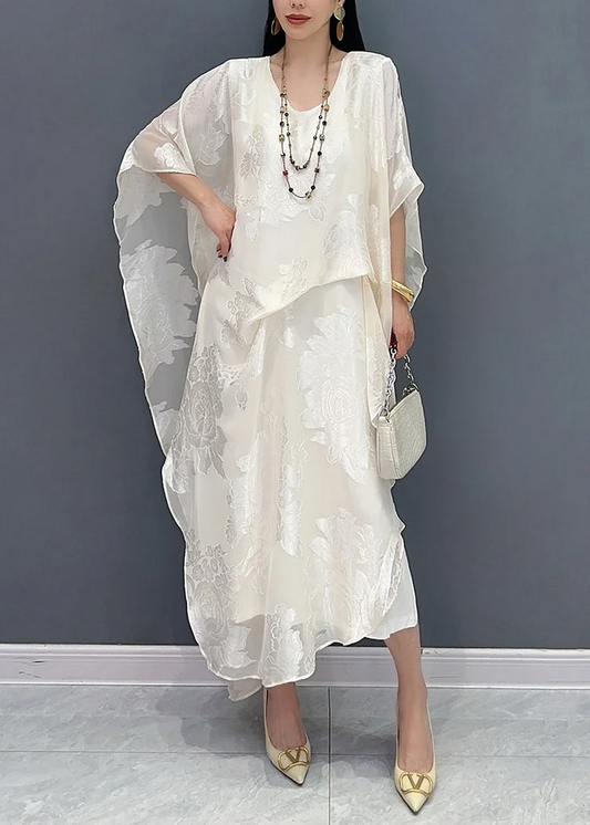 Women's Loose Jacquard White Round Neck Silk Long Dresses