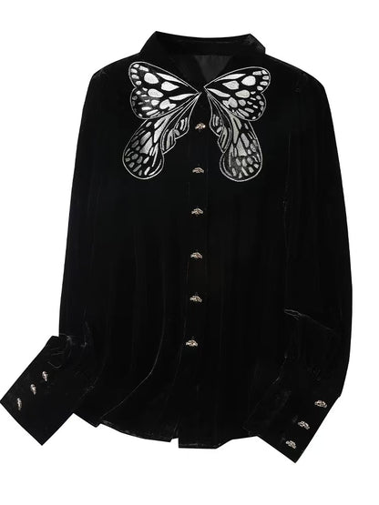 Chinese Style Loose Velvet Butterfly Embroidery Long Sleeve Top