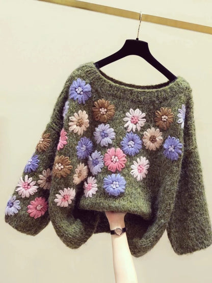 Handmade Floral Embroidery Pullover Sweater Top