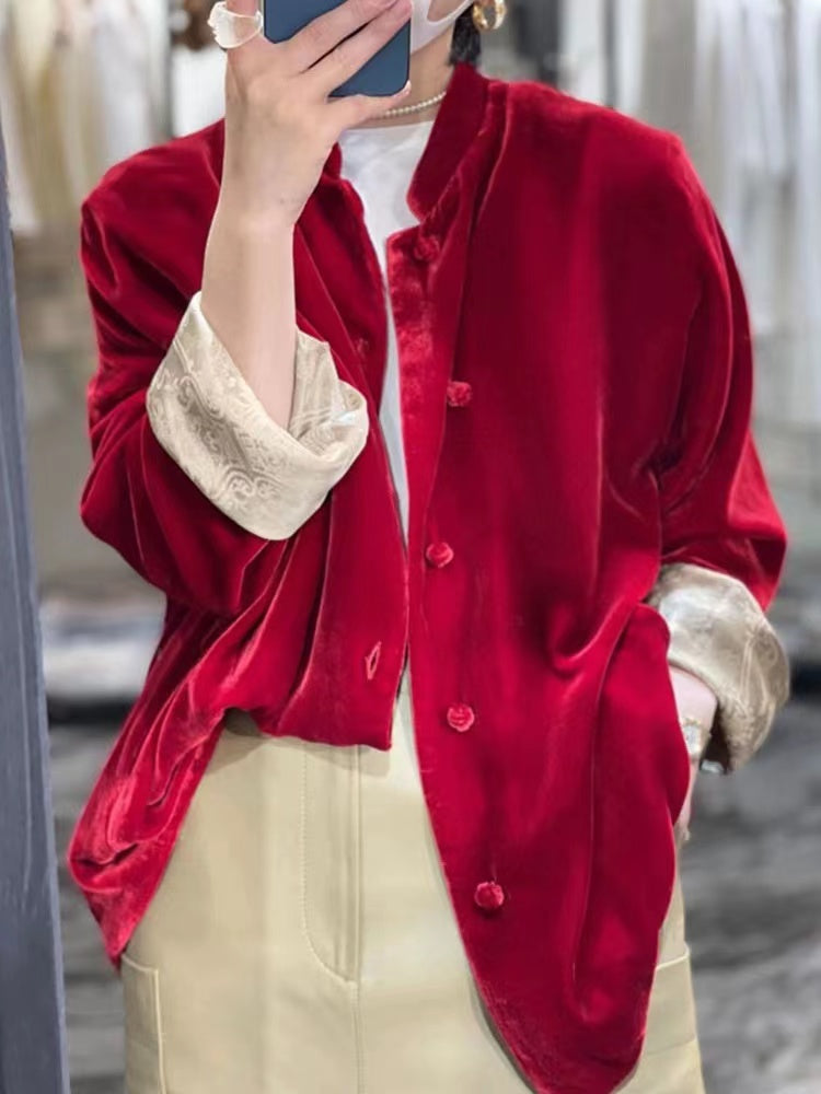 Emphasis Button Patchwork Velvet Thin Jacket