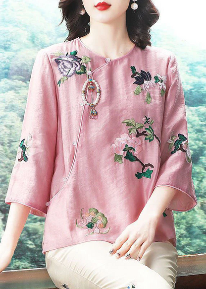 Chinese Pink Embroidered Patchwork Silk Top
