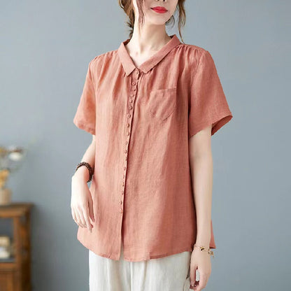 Vintage Collar Buttoned Linen Shirt Long Sleeve Top