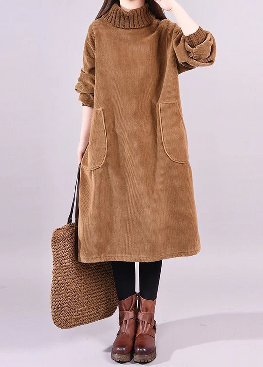 Women's Plus Size Patchwork Thick Corduroy Dress High Neck Long Sleeve