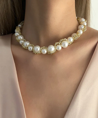 Wind Gold Copper Alloy Pearl Bead Necklace