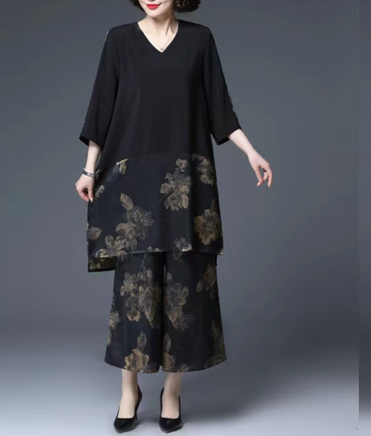 French Black Loose V Zero Patchwork Shirt + Wide Leg Pants