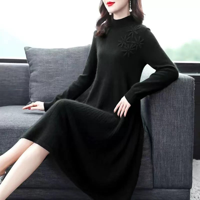 French Red Embroidered Floral High Neck Wool Knit Dress