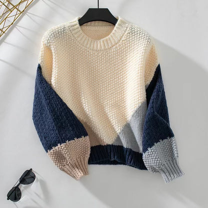 Pullover Crew Neck Colour Block Knit Sweater