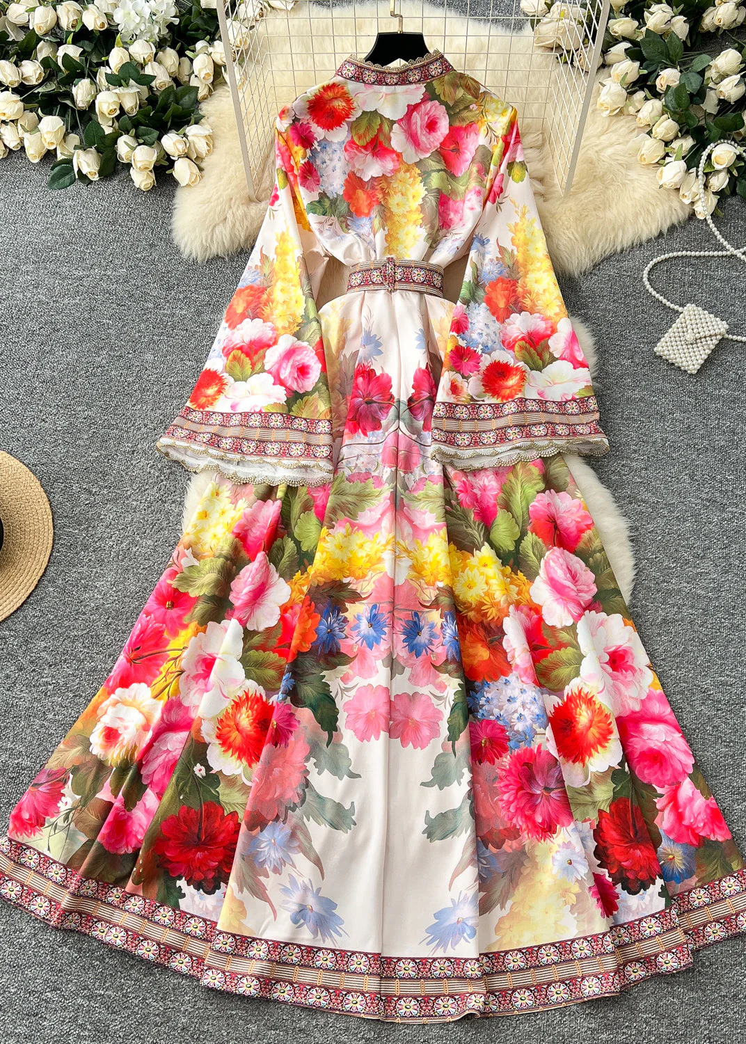 Women's Bohemian White Floral Print Cotton Flared Sleeve Dress