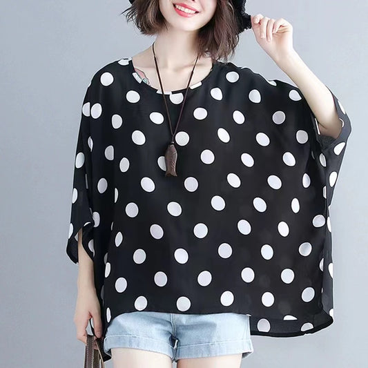 Plus Size Round Neck Black and White Polka Dot Printed Bat Sleeve Shirt Top