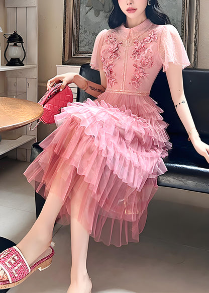 Italian Pink Embroidered Ruffle Patchwork Tulle Dress
