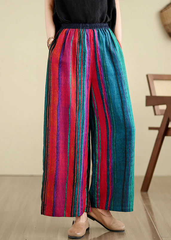 Women's Red Colorblocking Pocket Stripe Linen Wide Leg Pants Summer
