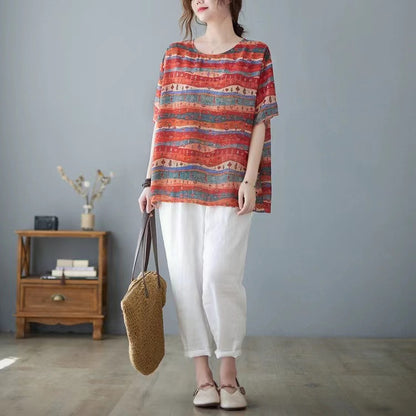 Casual Printed Cotton Linen Round Neck Short Sleeve T-Shirt Top