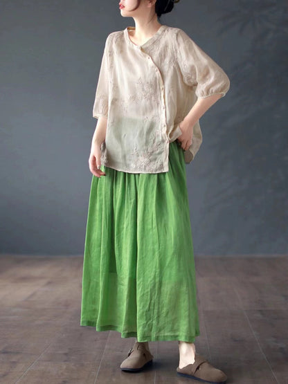 Asymmetric Button Embroidered Floral Linen Shirt