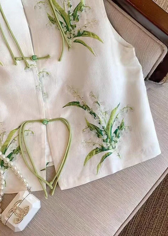 Chinese White Embroidered Chinese Button Silk Vest Sleeveless