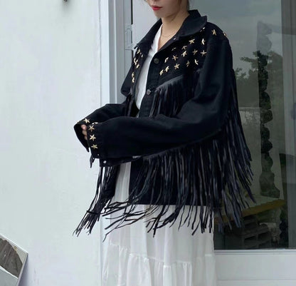 Stylish Pentagram Willow Tassel Trimmed Denim Jacket