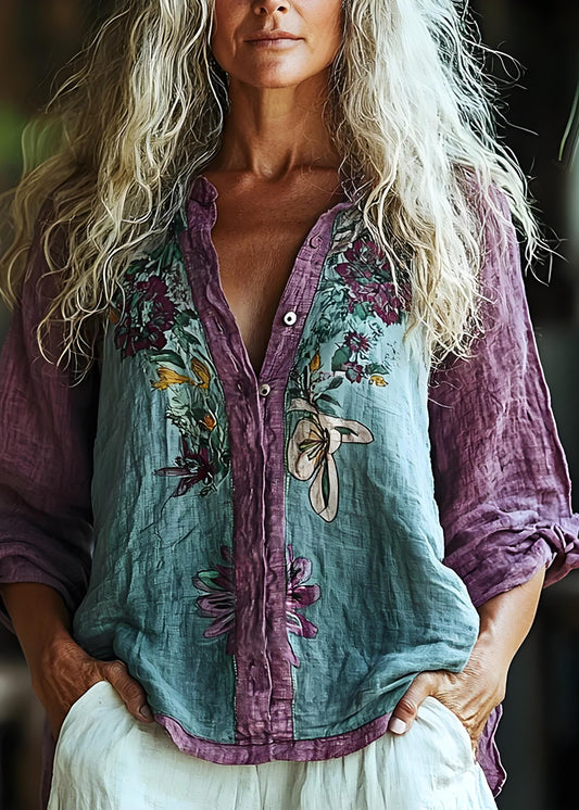 Women's Linen Purple Round Collar Floral Print Button Long Sleeve Patchwork Color Clash Shirt