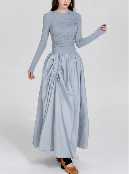 Women's Elegant Round Neck Asymmetric Pleated Long Sleeve Long Dresses