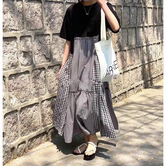 Loose Splicing Irregular Plaid Short Sleeve Dress