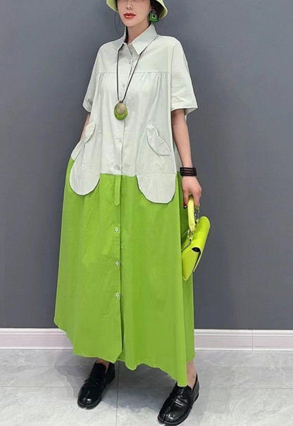 Fashion Big Patchwork Pocket Cotton Short Sleeve Shirt Dress