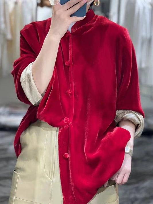 Emphasis Button Patchwork Velvet Thin Jacket