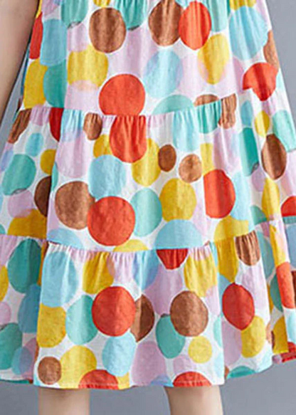 Women's O-neck polka dot printed cotton pleated dress