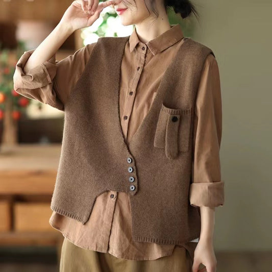 Loose Asymmetric Patchwork Pocket Knit Vest Sleeveless