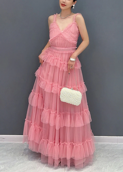 Italian Pink Ruffle Tulle Spaghetti Strap Long Dress
