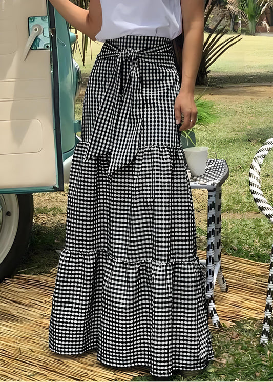 Women's Italian Plaid Pleated Tie Elastic Waist Hem Skirt Spring