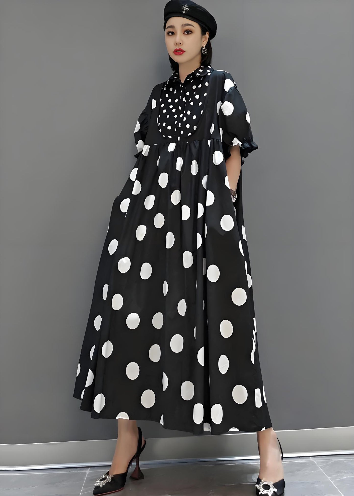 Women's Black Peter Pan Collar Patchwork Plus Hem Long Dress Short Sleeve Polka dot
