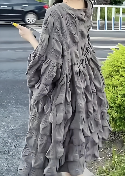 Women's Plus Size Gray V-Neck Cotton Flared Sleeve Dress