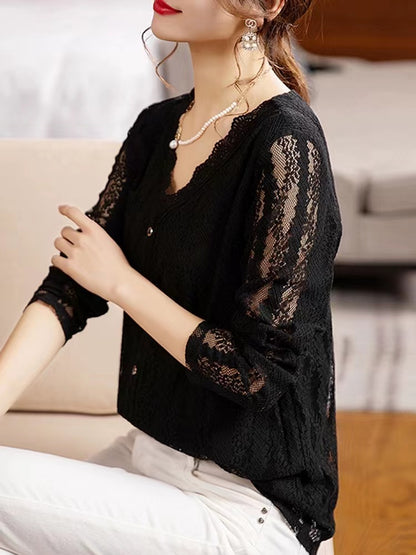Lace V-Neck Cutout Patchwork Long Sleeve Top