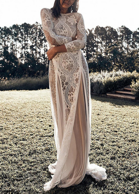 Women's Elegant White Backless Hollow Out Lace Long Dresses