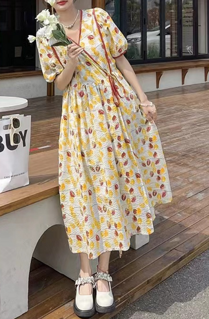 French V-Neck Printed Tie Patchwork Short Sleeve Dress