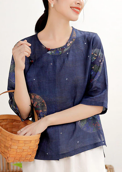 Elegant Button O Neck Printed Linen Shirt Half Sleeve Top