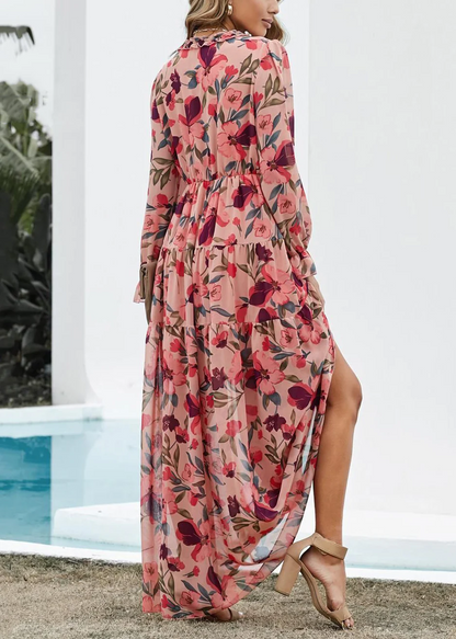 Women's Pink V-Neck Ruffle Printed Long Dress