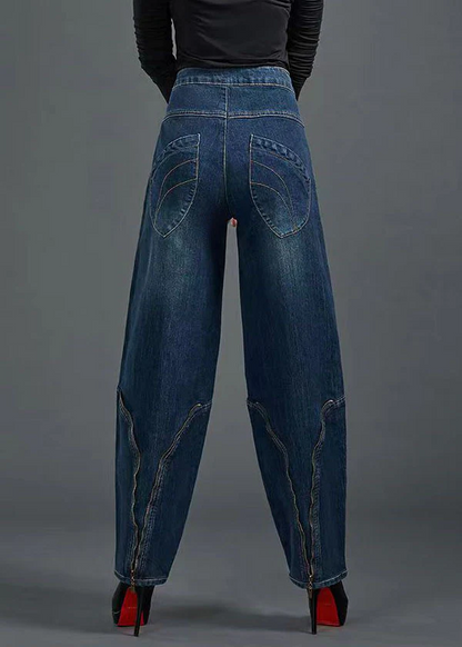 Organic cotton denim blue high waisted slim fit zipper pocket cotton jeans