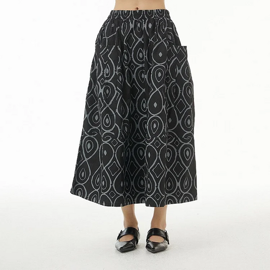 Italian Women's Geometric Print Pocket Elastic Waist Skirt