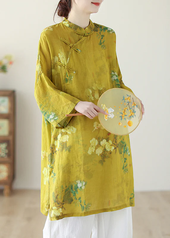 Loose Standing Collar Printed Button Linen Long Sleeve Long Shirt