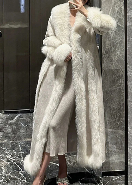 Women's White Fox Collar Patchwork Mouth Long Coat Winter