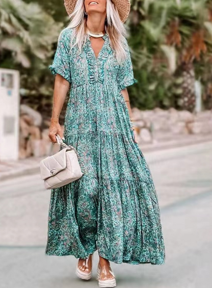 V-Neck Printed Ruffle Short Sleeve Long Dress